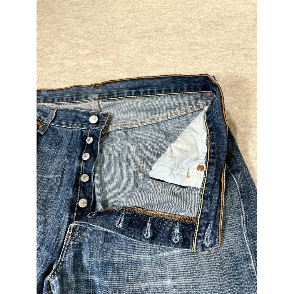 Levis 501 Original Fit‎ Jeans Mens 36x34 Blue Whisker Denim Cotton Logo Mid Rise